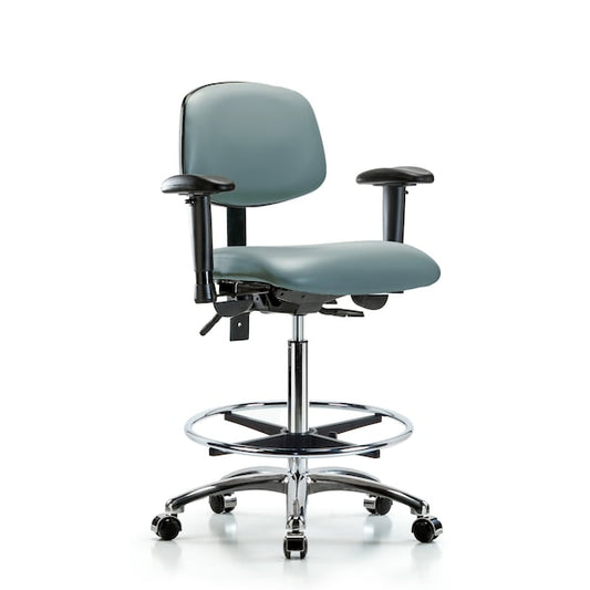Blue Ridge Ergonomics VHBCH-CR-T1-A1-CF-CC-8822 Rutledge Vinyl Chair Chrome - High Bench Height with Seat Tilt, Adjustable Arms, Chrome Foot Ring, & Casters in Storm Supernova™ Vinyl