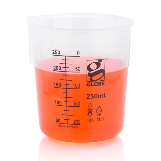 Globe Scientific 3650-250 Beaker Diamond Essentials Griffin Style Low Form Printed Graduations PP 250mL 6/Bag