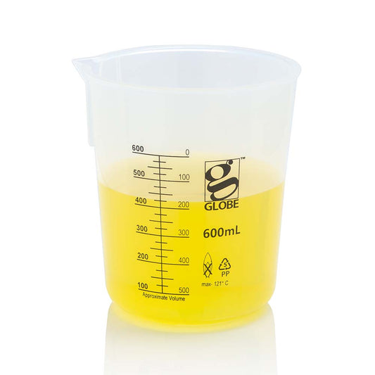 Globe Scientific 3650-600 Beaker Diamond Essentials Griffin Style Low Form Printed Graduations PP 600mL 4/Bag