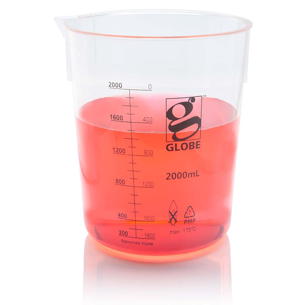 Globe Scientific 3652-2M Beaker Diamond Essentials Griffin Style Low Form Printed Graduations PMP 2000mL 1/Bag
