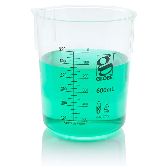 Globe Scientific 3652-600 Beaker Diamond Essentials Griffin Style Low Form Printed Graduations PMP 600mL 4/Bag