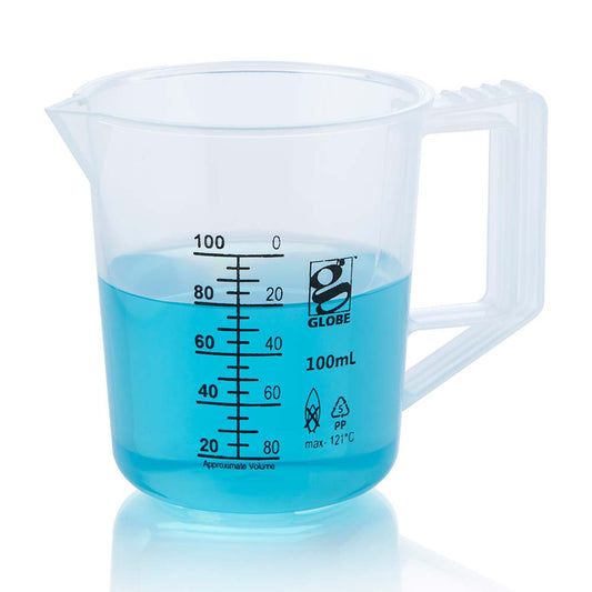 Globe Scientific 3654-100 Beaker with Handle Diamond Essentials Low Form Printed Graduations PP 100mL 1/Bag