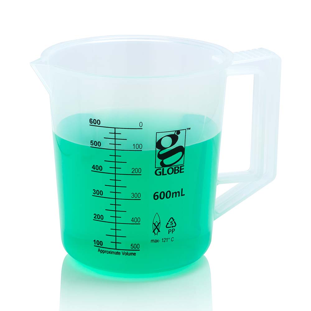 Globe Scientific 3654-600 Beaker with Handle Diamond Essentials Low Form Printed Graduations PP 600mL 1/Bag