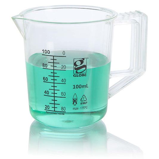 Globe Scientific 3656-100 Beaker with Handle Diamond Essentials Low Form Printed Graduations PMP 100mL 1/Bag