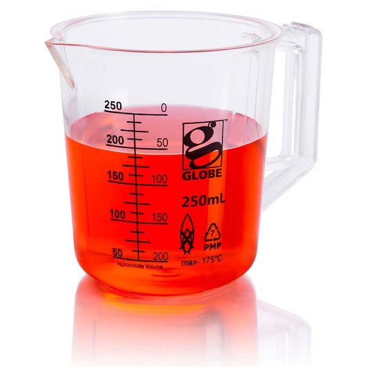 Globe Scientific 3656-250 Beaker with Handle Diamond Essentials Low Form Printed Graduations PMP 250mL 1/Bag