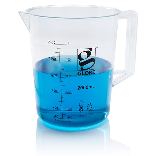 Globe Scientific 3656-2M Beaker with Handle Diamond Essentials Low Form Printed Graduations PMP 2000mL 1/Bag