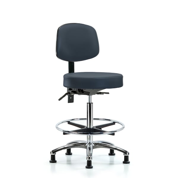 Blue Ridge Ergonomics VHBST-CR-T1-CF-RG-8582 Rutledge Vinyl Stool with Back Chrome - High Bench Height with Seat Tilt, Chrome Foot Ring, & Stationary Glides in Imperial Blue Trailblazer™ Vinyl