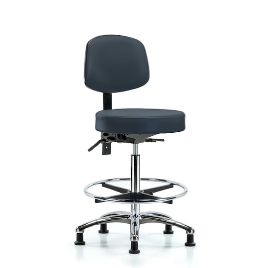 Blue Ridge Ergonomics VHBST-CR-T1-CF-RG-8582 Rutledge Vinyl Stool with Back Chrome - High Bench Height with Seat Tilt, Chrome Foot Ring, & Stationary Glides in Imperial Blue Trailblazer™ Vinyl