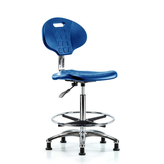 Blue Ridge Ergonomics CLR-TPHBCH-CR-A0-CF-RG-BLU Class 10 Erie Polyurethane Clean Room Chair - High Bench Height with Chrome Foot Ring & Stationary Glides in Blue Polyurethane