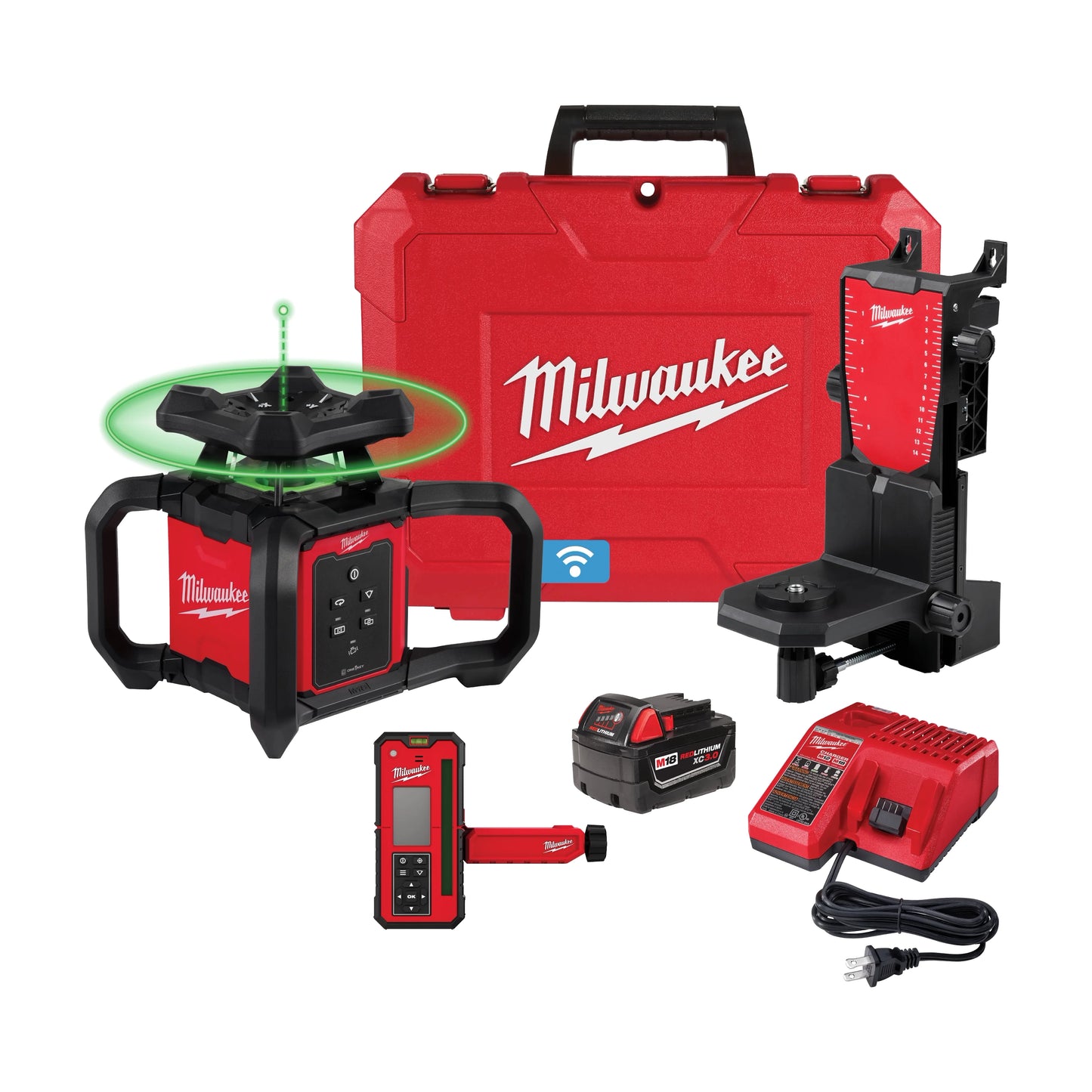 Milwaukee Tool 3702-21 M18™ Green Interior Rotary Laser Level Kit w/ Remote/Receiver & Wall Mount Bracket, 1 ST