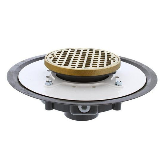 Jones Stephens D53444 2" Heavy Duty PVC Drain Base with 3-1/2" Plastic Spud and 5" Polished Brass Strainer with Ring