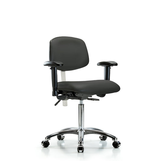 Blue Ridge Ergonomics NCR-VMBCH-CR-T0-A1-NF-CC-8605 Class 100 Vinyl Clean Room Chair - Medium Bench Height with Adjustable Arms & Casters in Charcoal Trailblazer™ Vinyl