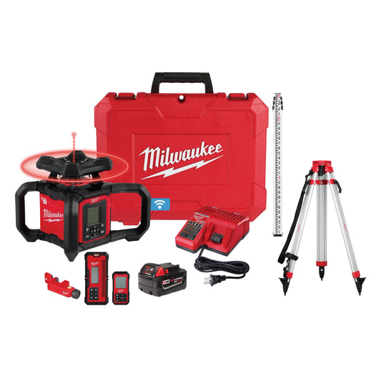 Milwaukee Tool 3704-21T M18™ Red Exterior Dual Slope Rotary Laser Level Kit w/ Receiver, Remote, Grade Rod & Tripod, 1 ST