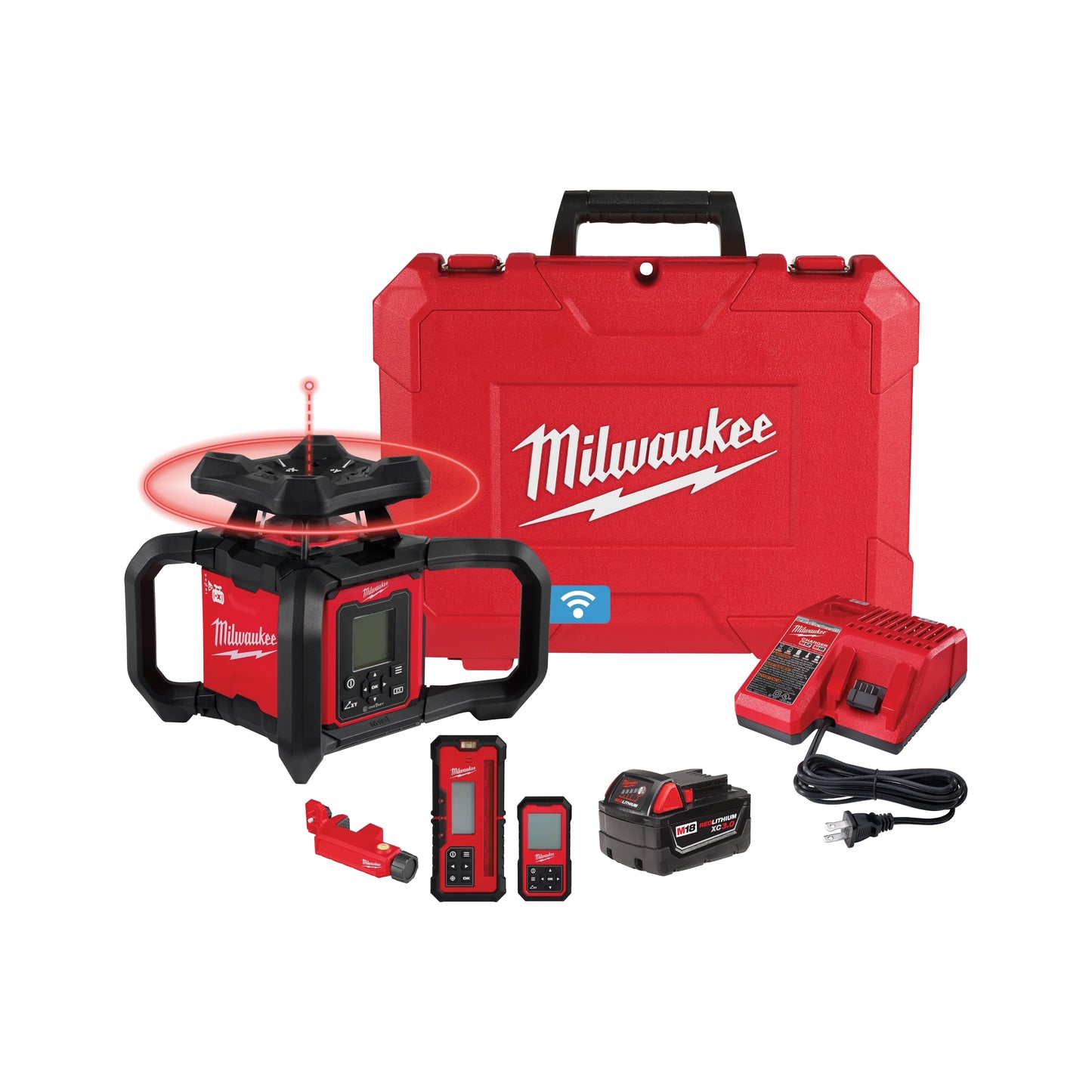 Milwaukee Tool 3704-21 M18™ Red Exterior Dual Slope Rotary Laser Level Kit w/ Receiver & Remote, 1 ST