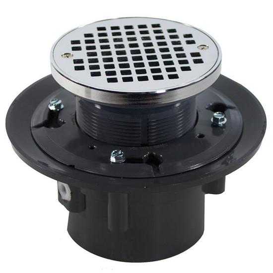 Jones Stephens D49249 4" Heavy Duty PVC Drain Base with 3-1/2" Plastic Spud and 6" Chrome Plated Strainer with Ring