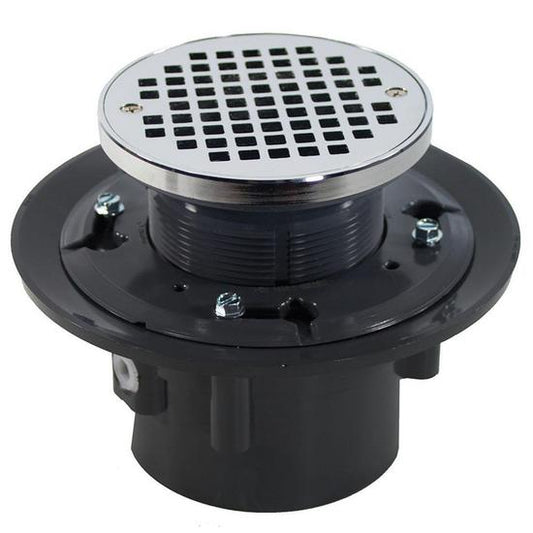 Jones Stephens D49249 4" Heavy Duty PVC Drain Base with 3-1/2" Plastic Spud and 6" Chrome Plated Strainer with Ring