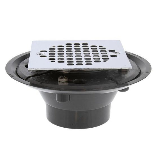 Jones Stephens D50161 2" x 3" PVC Shower Drain with 2" Brass Spud and 4" Square Chrome Plated Strainer