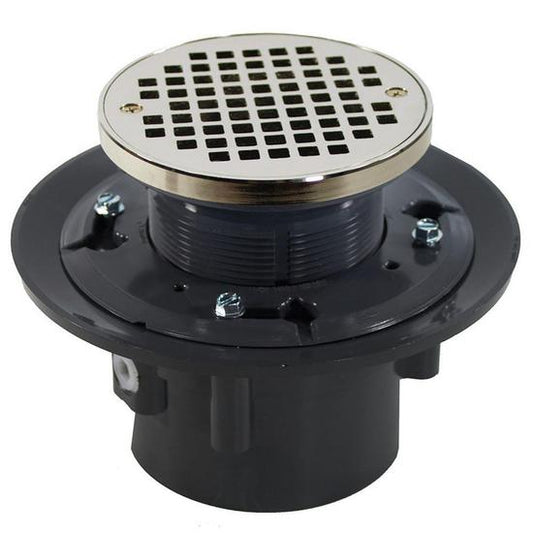 Jones Stephens D49145 3" x 4" Heavy Duty PVC Drain Base with 3-1/2" Plastic Spud and 6" Nickel Bronze Strainer with Ring