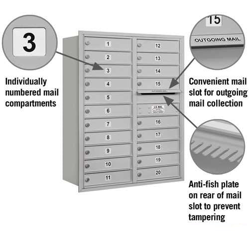 Mailboxes 3711D-20ARP Salsbury 11 Door High Recessed Mounted 4C Horizontal Mailbox with 20 Doors in Aluminum with Private Access - Rear Loading