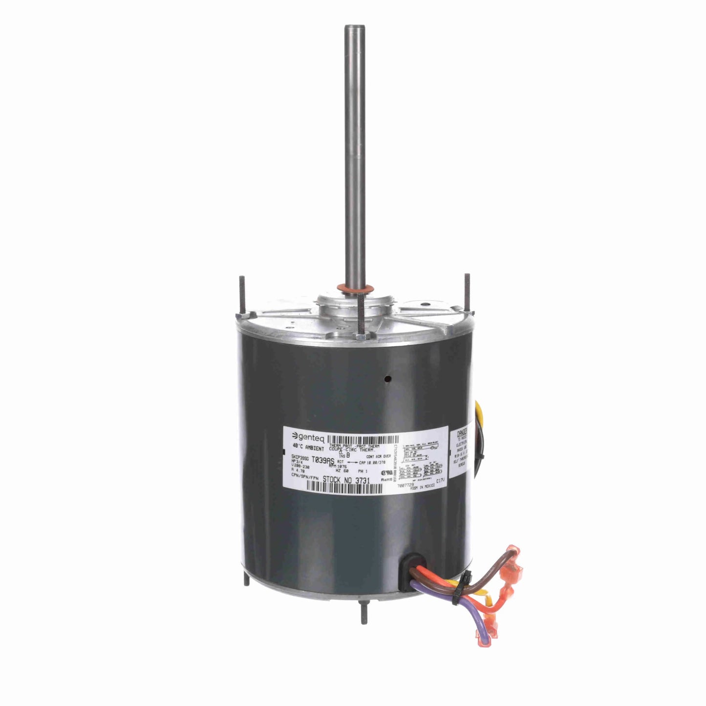 Genteq Condenser Fan Motor, 3/4 HP, 1 Ph, 60 Hz, 208-230 V, 1075 RPM, 1 Speed, 48 Frame, TEAO - 3731