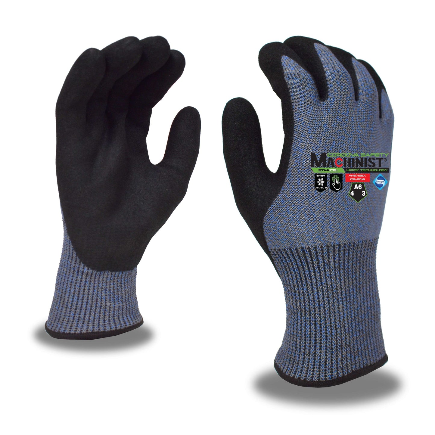 Cordova Safety 3744ICEXL MACHINIST® ICE, BLUE TWO-LAYER HPPG2 INSULATED SHELL, 15-GAUGE, SANDY NITRILE PALM COATING