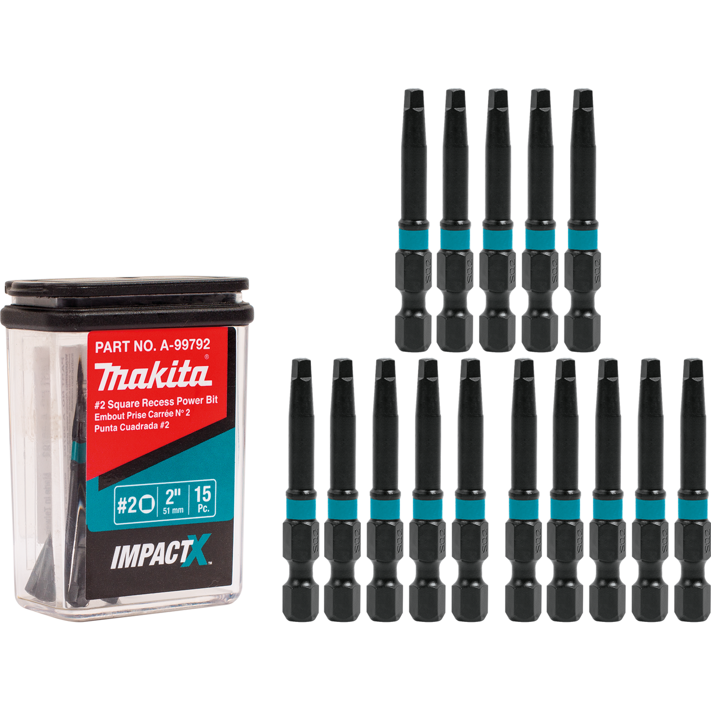 Makita A-99792 ImpactX, #2 Square Recess 2³ Power Bit, 15/pk