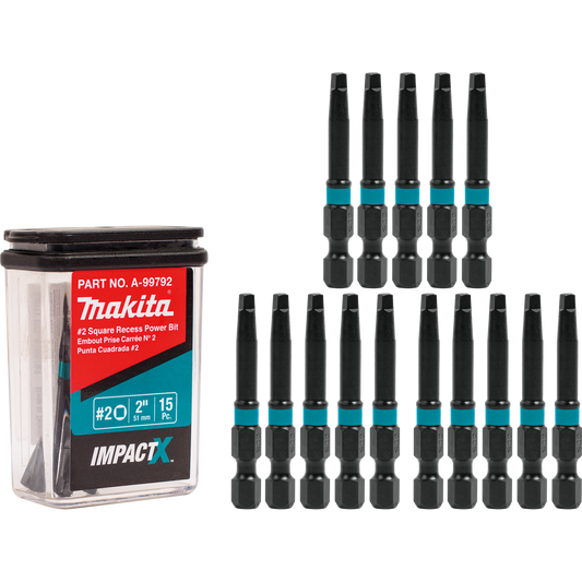 Makita A-99792 ImpactX, #2 Square Recess 2³ Power Bit, 15/pk