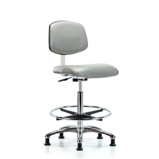 Blue Ridge Ergonomics CLR-VHBCH-CR-CF-RG-8567 Class 10 Clean Room Vinyl Chair Chrome - High Bench Height with Chrome Foot Ring & Stationary Glides in Dove Trailblazer™ Vinyl