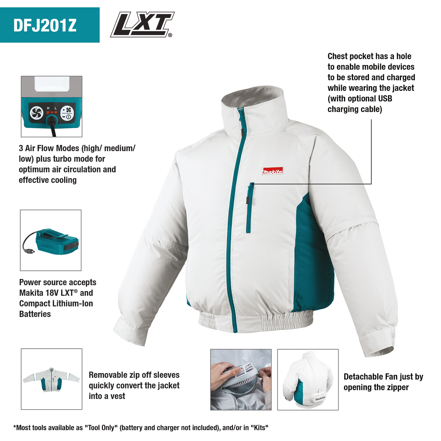 Makita DFJ201ZM 18V LXT® Lithium‘Ion Cordless Fan Jacket, Jacket Only (Medium)