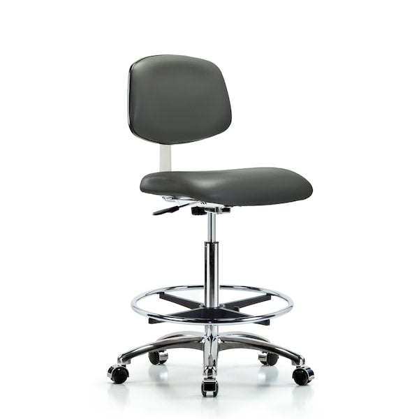 Blue Ridge Ergonomics CLR-VHBCH-CR-CF-CC-8823 Class 10 Clean Room Vinyl Chair Chrome - High Bench Height with Chrome Foot Ring & Casters in Carbon Supernova™ Vinyl