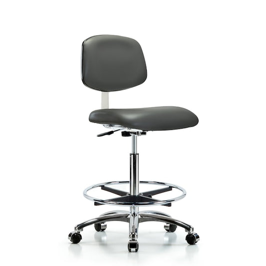 Blue Ridge Ergonomics CLR-VHBCH-CR-CF-CC-8823 Class 10 Clean Room Vinyl Chair Chrome - High Bench Height with Chrome Foot Ring & Casters in Carbon Supernova™ Vinyl