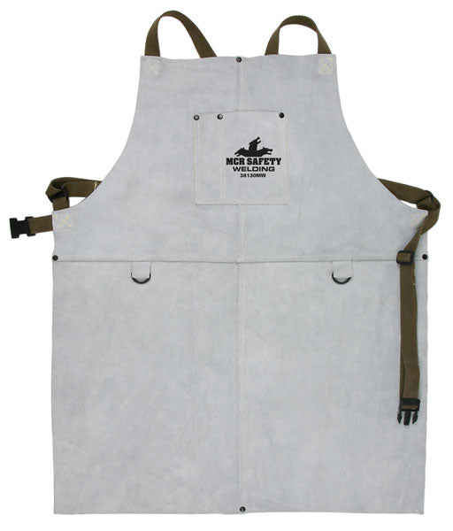 MCR Safety 38130MW MCR Safety Welding Heavy Weight Leather Welding Apron 24 Inches Wide x 30 Inches Length Center Bib Divided Front Pocket Adjustable Waist and Shoulder Straps Two Front D-Rings (1 EA)