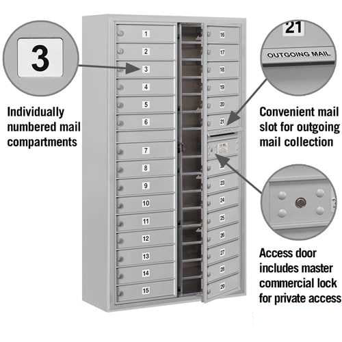 Mailboxes 3816D-29AFP Salsbury Maximum Height Surface Mounted 4C Horizontal Mailbox with 29 Doors in Aluminum with Private Access