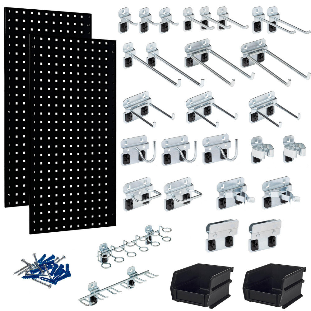 Triton Products LB18-BKKit (2) 18" x 36" x 9/16" Black Steel Square Hole Pegboards with 30 pc. LocHook Assortment & Hanging Bin System