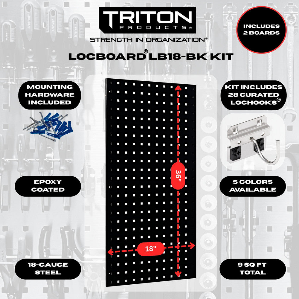 Triton Products LB18-BKKit (2) 18" x 36" x 9/16" Black Steel Square Hole Pegboards with 30 pc. LocHook Assortment & Hanging Bin System