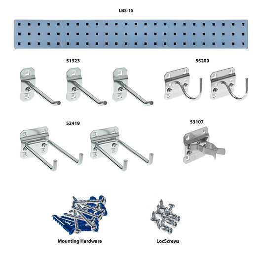 Triton Products LBS36G-SLV Silver Garden Pegboard Kit with (1) 36" x 4.5" 18 Gauge Steel Square Hole Pegboard and 8 pc LocHook Assortment