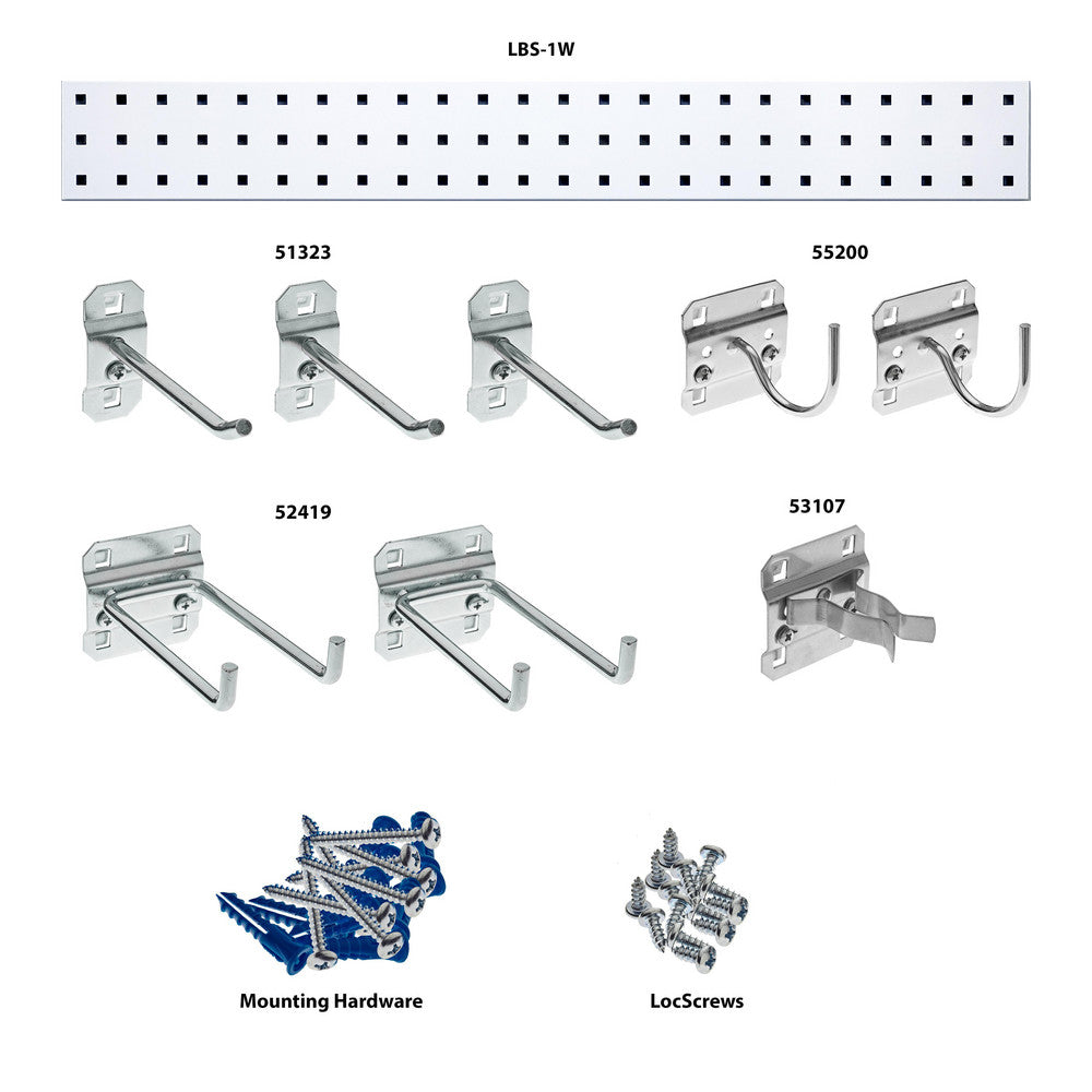 Triton Products LBS36G-WHT White Garden Pegboard Kit with (1) 36" x 4.5" 18 Gauge Steel Square Hole Pegboard and 8 pc LocHook Assortment