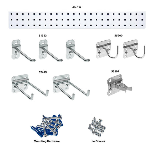 Triton Products LBS36G-WHT White Garden Pegboard Kit with (1) 36" x 4.5" 18 Gauge Steel Square Hole Pegboard and 8 pc LocHook Assortment