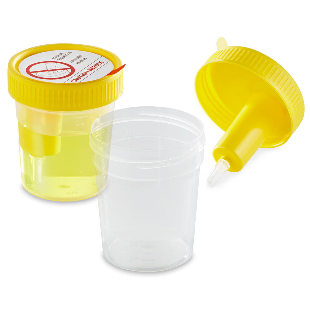 Globe Scientific 3856TP TransferTop Urine Collection Cup with Integrated Transfer Device 4oz (120mL) Graduated to 100mL STERILE Bulk Affixed Temperature Strip