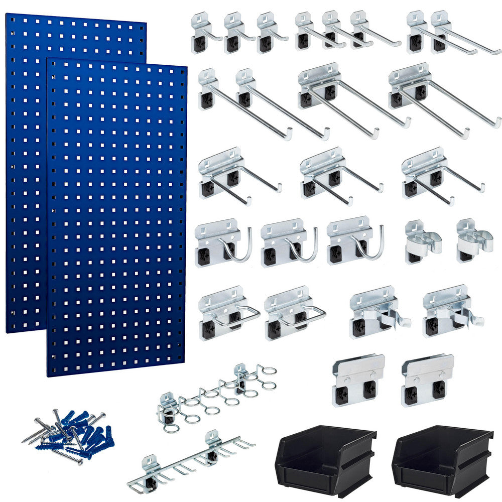 Triton Products LB18-BKit (2) 18" x 36" x 9/16"  Blue Steel Square Hole Pegboards with 30 pc. LocHook Assortment & Hanging Bin System