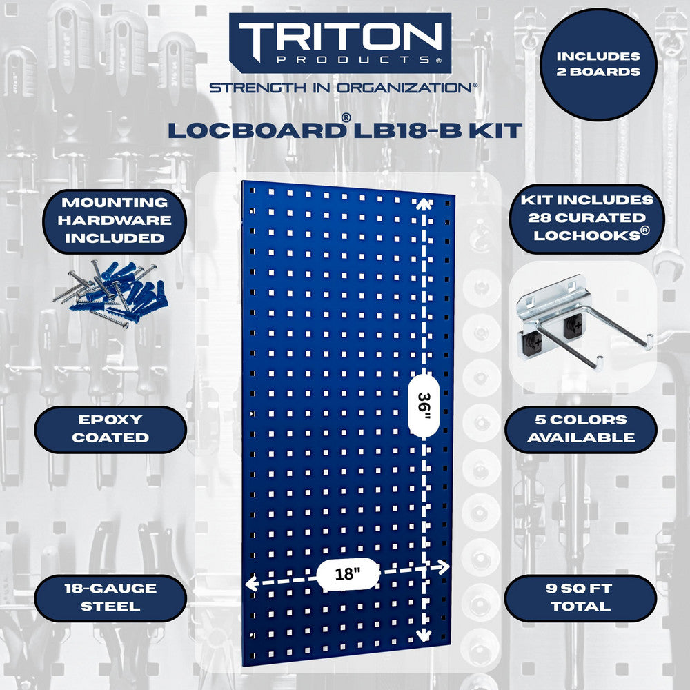 Triton Products LB18-BKit (2) 18" x 36" x 9/16"  Blue Steel Square Hole Pegboards with 30 pc. LocHook Assortment & Hanging Bin System