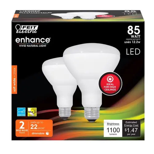 Feit Electric BR30DMHO/927CA/2 12.2W (85W Replacement) Soft White (2700K) BR30 Dimmable Enhance Reflector LED (2-Pack)