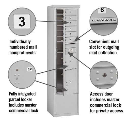 Mailboxes 3916S-06AFP Salsbury Maximum Height Free-Standing 4C Horizontal Mailbox with 6 Doors and 2 Parcel Lockers in Aluminum with Private Access