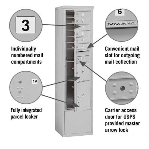 Mailboxes 3916S-06AFU Salsbury Maximum Height Free-Standing 4C Horizontal Mailbox with 6 Doors and 2 Parcel Lockers in Aluminum with USPS Access