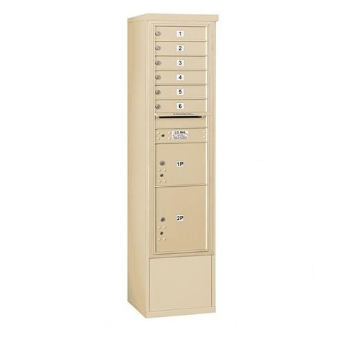 Mailboxes 3916S-06SFP Salsbury Maximum Height Free-Standing 4C Horizontal Mailbox with 6 Doors and 2 Parcel Lockers in Sandstone with Private Access