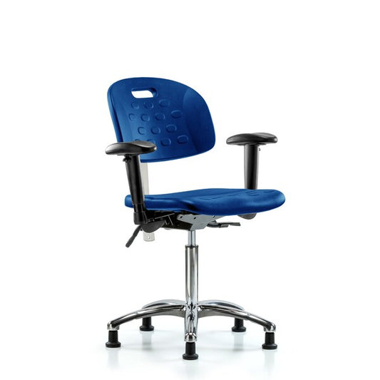Blue Ridge Ergonomics CLR-HPMBCH-CR-T0-A1-NF-RG-BLU Class 100 Newport Industrial Polyurethane Clean Room Chair - Medium Bench Height with Adjustable Arms & Stationary Glides in Blue Polyurethane