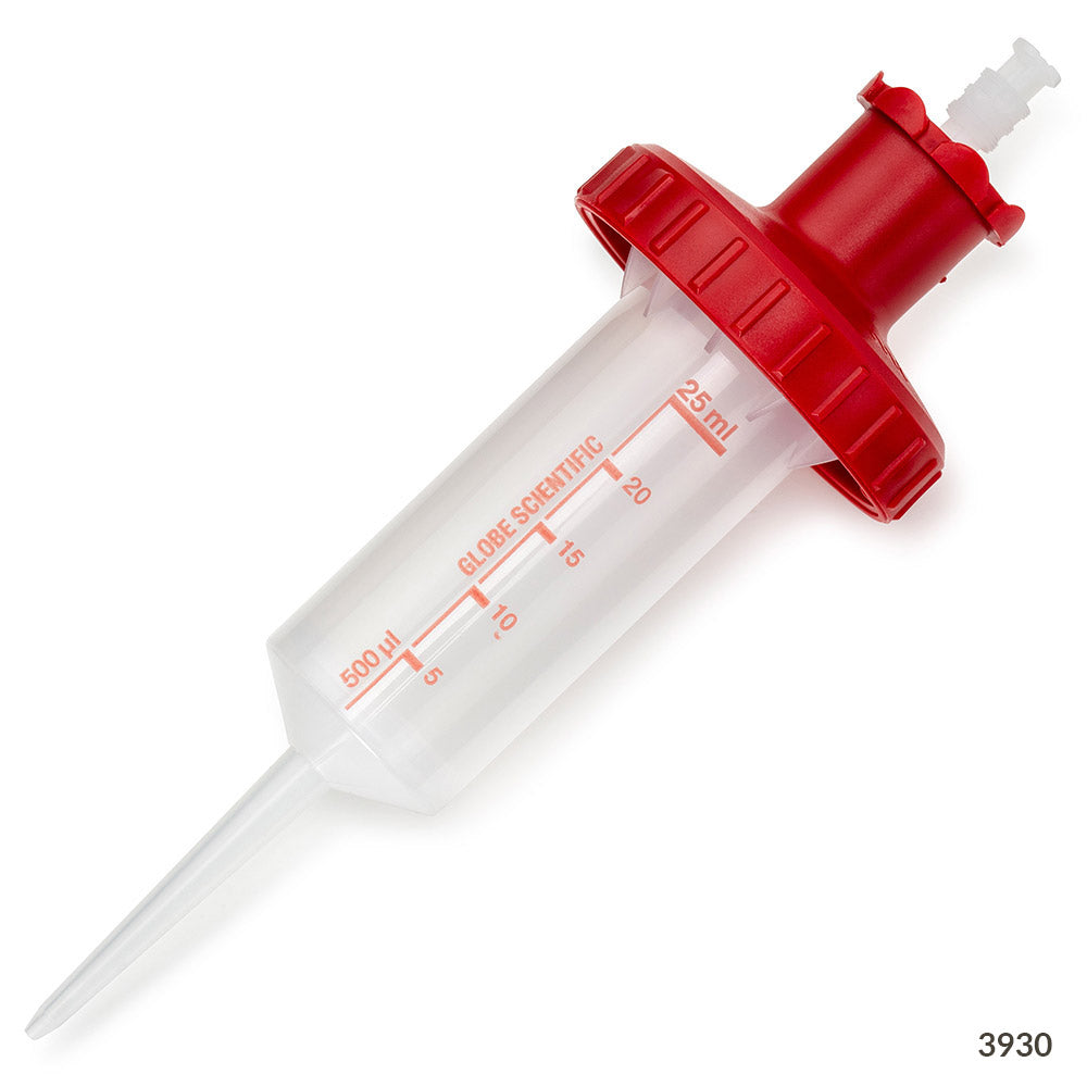 Globe Scientific 3930S RV-Pette PRO Dispenser Tip for Repeat Volume Pipettors Certified Sterile 25mL (1 Red Adapter Included)