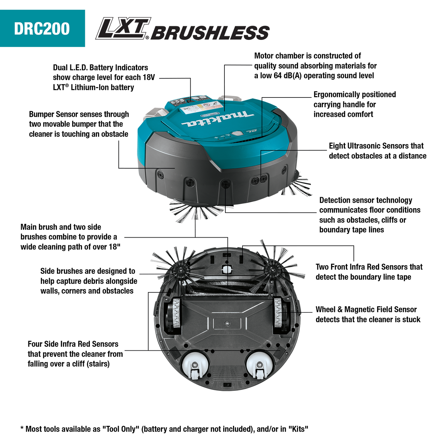 Makita DRC200Z 18V X2 LXT® Brushless Cordless Robotic Vacuum, Tool Only