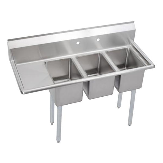 Elkay 3C10X14-L-12X Dependabilt Stainless Steel 48-1/2" x 19-13/16" x 43-3/4" 16 Gauge Three Compartment Sink w/ 12" Left Drainboard and Stainless Steel Legs
