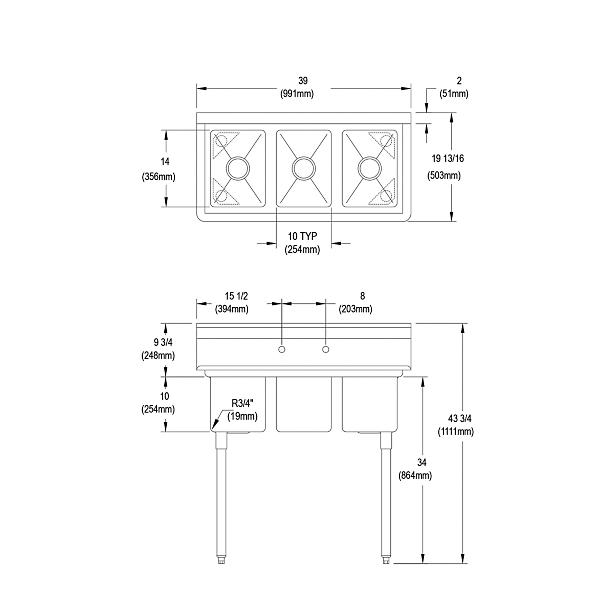 Elkay 3C10X14-0X Dependabilt Stainless Steel 39" x 19-13/16" x 43-3/4" 16 Gauge Three Compartment Sink with Stainless Steel Legs